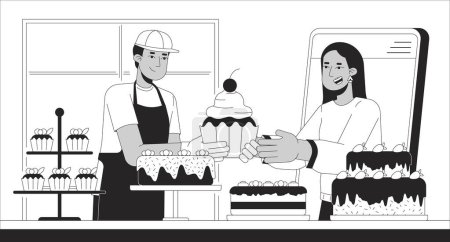 Illustration for Confectionery online orders black and white cartoon flat illustration. Female customer buying cakes outline cartoon scene background. Small business digital service metaphor monochrome vector art - Royalty Free Image