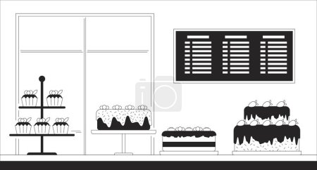Confectionery small business black and white line illustration. Buying sweets. Cakes on bakery shop display 2D interior monochrome background. Handmade desserts store outline scene vector image