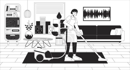 Reinigungsdienste Schwarz-Weiß-Abbildung. Hilfe bei der Hauswirtschaft. Kommerzielle Hausarbeit. Kleine Unternehmen arbeiten 2D-Charakter monochromen Hintergrund. Wohnzimmer schweben Umrisse Szene Vektorbild