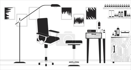 Tattoo artist workplace black and white line illustration. Tattooing tools and supplies. Skin art salon 2D interior monochrome background. Beauty service small business outline scene vector image
