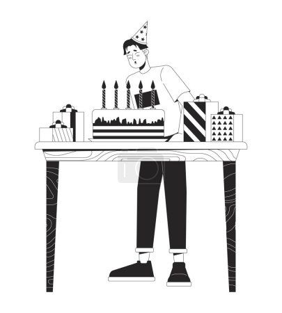 Illustration for Asian guy blowing birthday candles black and white 2D line cartoon character. Man making wish on holiday isolated vector outline person. Festive party celebration monochromatic flat spot illustration - Royalty Free Image