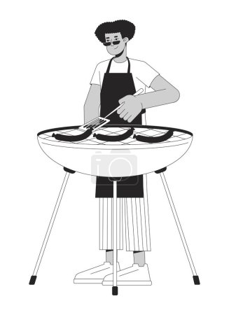Lateinamerikanischer Mann Kochen Grill schwarz und weiß 2D-Linie Cartoon-Figur. Kerl grillt Würstchen auf Kohlenbecken isoliert Vektor Umriss Person. Kochparty monochromatische Flachbild-Illustration