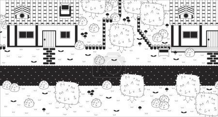 Vintage videogame village black and white line illustration. Medieval countryside. Rural houses and road 2D landscape monochrome background. Adventure game development outline scene vector image