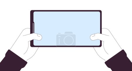 Ilustración de Sosteniendo smartphone con pantalla en blanco ilustración de las manos del personaje de dibujos animados lineales. Dispositivo con acceso a Internet contorno 2D imagen vectorial, fondo blanco. Clipart de color plano editable del teléfono móvil - Imagen libre de derechos