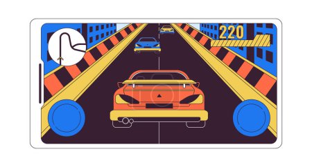 Ilustración de Móvil de carreras de coches pantalla del juego 2D objeto de dibujos animados lineales. Videojuego de visualización de teléfonos inteligentes. Carrera de velocidad en línea aislada línea vector elemento fondo blanco. Diversión virtual color plano punto ilustración - Imagen libre de derechos