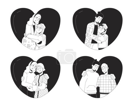 Herzförmige Familie umarmt schwarz-weiße 2D-Linie Zeichentrickfiguren gesetzt. Herzförmige Umarmung Eltern Kinder isolierte Vektorumrisse Menschen. Unterstützende Sammlung monochromatischer Flachbild-Illustrationen