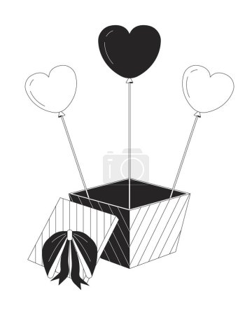 Globos en forma de corazón fuera de la caja de regalo en blanco y negro 2D línea de dibujos animados objeto. Caja de regalo balones aislado vector contorno artículo. Felicidades por el cumpleaños. Me encanta que celebres la ilustración monocromática de manchas planas