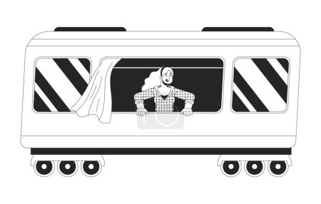 Excited woman from train window black and white 2D line cartoon character. Caucasian female railway traveller isolated vector outline person. Railroad passenger monochromatic flat spot illustration