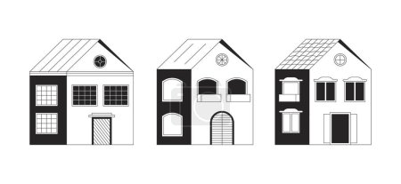 Illustration for Three houses contemporary black and white 2D line cartoon objects set. Residential homes isolated vector outline items collection. Neighborhood suburban buildings monochromatic flat spot illustrations - Royalty Free Image