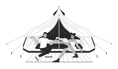 Ilustración de Camping pareja romántica tintineo wineglasses personajes de dibujos animados de línea 2D en blanco y negro. Glamping tienda amigos aislados vector contorno de la gente. Beber vino monocromático punto plano ilustración - Imagen libre de derechos