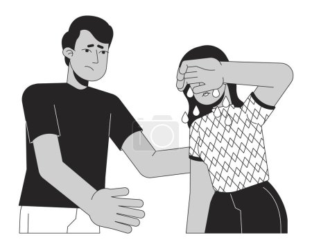 Illustration for Friend comforting girl black and white 2D line cartoon characters. Crying woman, soothing man isolated vector outline people. Tender moment, emotional expression monochromatic flat spot illustration - Royalty Free Image