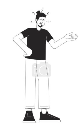 Hombre caucásico discutiendo negro y blanco personaje de dibujos animados 2D línea. Mal humor adulto aislado vector contorno persona. Gesto lenguaje corporal, expresión emocional monocromática plano punto ilustración