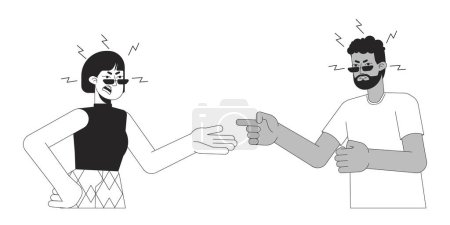 Interracial couple breakup relationships black and white 2D line cartoon characters. Fighting adults isolated vector outline people. Gesture body language monochromatic flat spot illustration