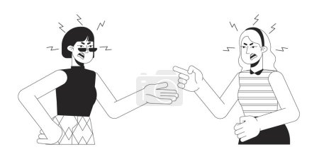 Illustration for Women toxic relationship black and white 2D line cartoon characters. Fingers pointing yelling isolated vector outline people. Gesture body language, emotional monochromatic flat spot illustration - Royalty Free Image