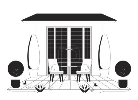 Illustration for House terrace furniture black and white 2D line cartoon object. Suburbs peaceful chairs. Housing estate. Building isolated vector outline item. Property exterior monochromatic flat spot illustration - Royalty Free Image