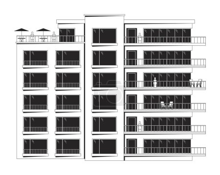Residential complex black and white 2D line cartoon object. Subsidized housing. Homeownership. Living building isolated vector outline item. Property exterior monochromatic flat spot illustration