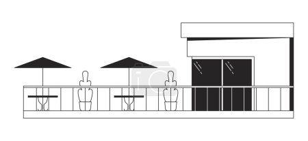 Café moderno balcón blanco y negro línea 2D objeto de dibujos animados. Restaurante contemporáneo patio aislado vector contorno elemento. Edificio de vidrio terraza mesas sombrillas monocromático plano punto ilustración