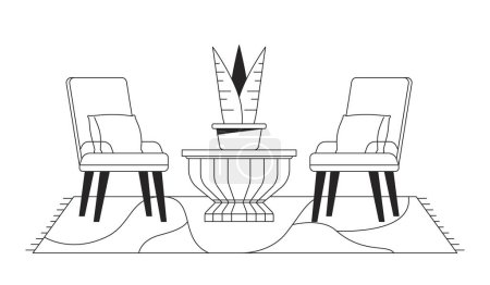 Téléchargez les illustrations : Confortable mobilier d'assise patio noir et blanc objet de dessin animé ligne 2D. Deux chaises fleur pot isolé vecteur contour article. Tapis revêtement de sol sous les fauteuils monochromes plat spot illustration - en licence libre de droit