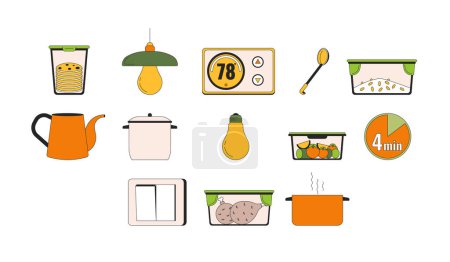 Conserving energy at household 2D linear cartoon objects set. Containers, appliances isolated line vector elements white background. Saving on electric bills color flat spot illustration collection
