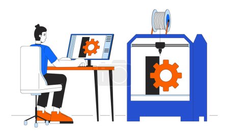 3D printing in mechanical engineering line cartoon flat illustration. 3d printer technician at computer 2D lineart character isolated on white background. Rapid prototyping scene vector color image