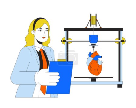 3d corazón impreso réplica línea de dibujos animados ilustración plana. 3d impresora médica bioingeniero 2D carácter lineal aislado sobre fondo blanco. Tecnología de medicina. Imagen de color del vector de escena de prototipo rápido
