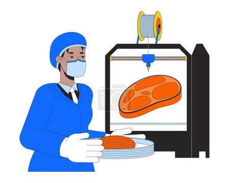 Illustration for 3D printed meat line cartoon flat illustration. 3d printer food lab researcher 2D lineart character isolated on white background. Advanced technology. Additive manufacturing scene vector color image - Royalty Free Image