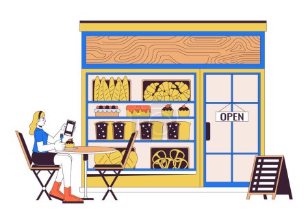 Illustration for Woman visiting bakery shop 2D linear cartoon character. Caucasian female guest sitting at cafe table isolated line vector person white background. Pastry small business color flat spot illustration - Royalty Free Image