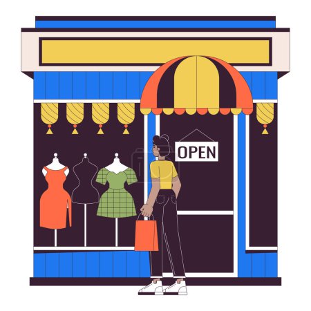 Black woman looking at clothes in fashion store 2D linear cartoon character. Female customer at display window isolated line vector person white background. Small business color flat spot illustration