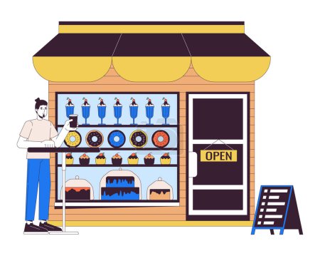 Illustration for Man drinking coffee in confectionery shop 2D linear cartoon character. Customer male at dessert store isolated line vector person white background. small business service color flat spot illustration - Royalty Free Image