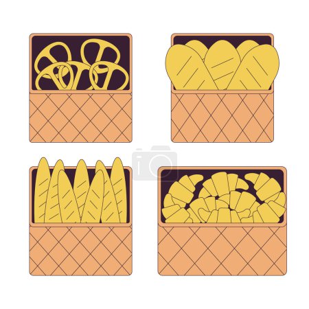 Illustration for Bakery products 2D linear cartoon objects set. Small food business. Pastry assortment in baskets isolated line vector elements white background. Bread and buns color flat spot illustration collection - Royalty Free Image