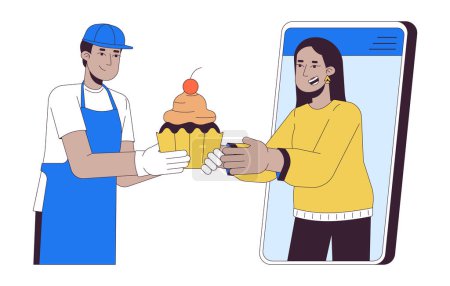 Illustration for Woman ordering cakes online from baker 2D linear cartoon characters. Confectioners serving client with dessert isolated line vector people white background. E business color flat spot illustration - Royalty Free Image