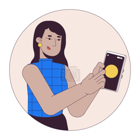 Mujer mostrando teléfono móvil 2D personaje de dibujos animados lineales. Mujer india usando teléfono inteligente línea aislada vector persona fondo blanco. Tecnología de comunicación color plano punto ilustración