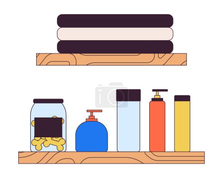 Illustration for Toiletries on shelves 2D linear cartoon objects set. Cosmetic products, dog treats and towels isolated line vector elements white background. Home interior color flat spot illustration collection - Royalty Free Image