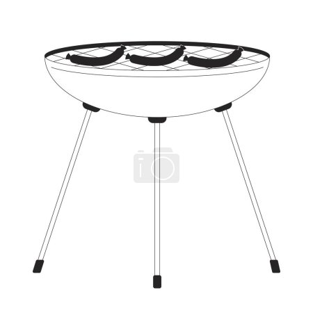 Illustration for Cooking sausages on brazier black and white 2D line cartoon object. Barbeque food outdoor cooking isolated vector outline item. Tasty picnic snacks preparation monochromatic flat spot illustration - Royalty Free Image
