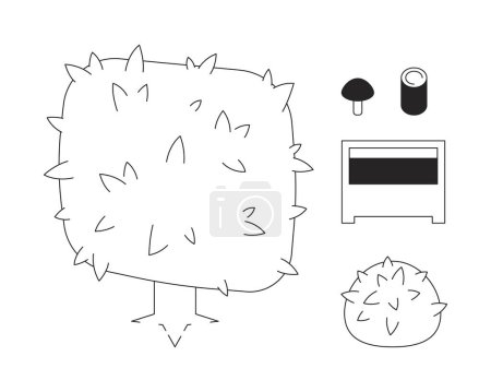 Ilustración de Videojuego paisaje blanco y negro 2D línea de dibujos animados conjunto de objetos. Las plantas forestales y el pecho abierto aislado vector esbozan la colección de artículos. Juego ornamento monocromático punto plano ilustraciones - Imagen libre de derechos