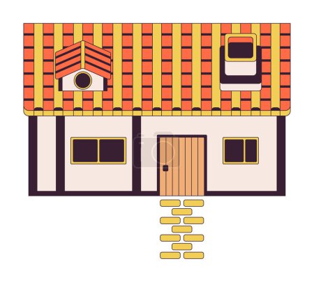 Illustration for Rural house with paved road 2D linear cartoon object. Neat cottage building in old town isolated line vector element white background. Videogame design development color flat spot illustration - Royalty Free Image