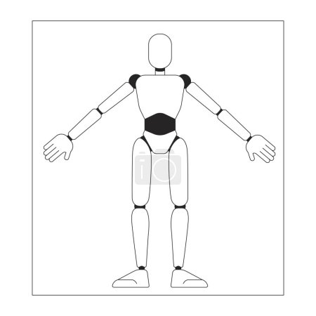 Téléchargez les photos : Modèle de cyborg sur feuille de papier noir et blanc personnage de dessin animé ligne 2D. Robot humanoïde dessinant personnage de contour vectoriel isolé. Projet d'ingénierie futuriste illustration monochromatique des taches plates - en image libre de droit