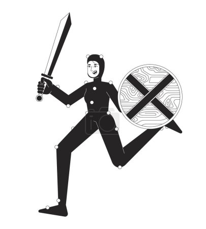 Warrior actress in mo-cap costume black and white 2D line cartoon character. Historical movie actor isolated vector outline person. Motion capture technology monochromatic flat spot illustration