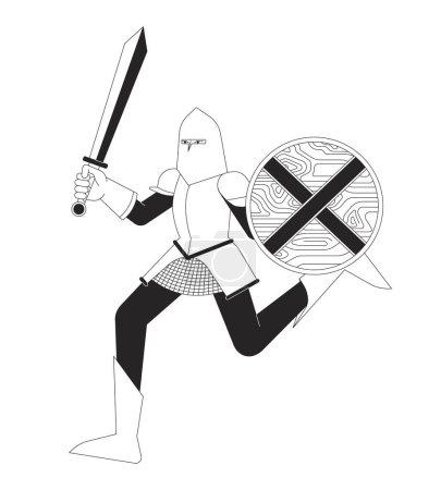 Illustration for Brave knight running with armor black and white 2D line cartoon character. Noble medieval warrior isolated vector outline person. Historical reconstruction club monochromatic flat spot illustration - Royalty Free Image