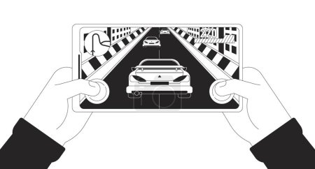 Illustration for Gamer enjoying online car racing cartoon human hands outline illustration. Interesting mobile game 2D isolated black and white vector image. Gaming hobby flat monochromatic drawing clip art - Royalty Free Image