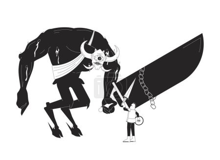 Knight stopping giant monster black and white 2D line cartoon characters. Scary demon and warrior isolated vector outline personages. Boss fighting in videogame monochromatic flat spot illustration