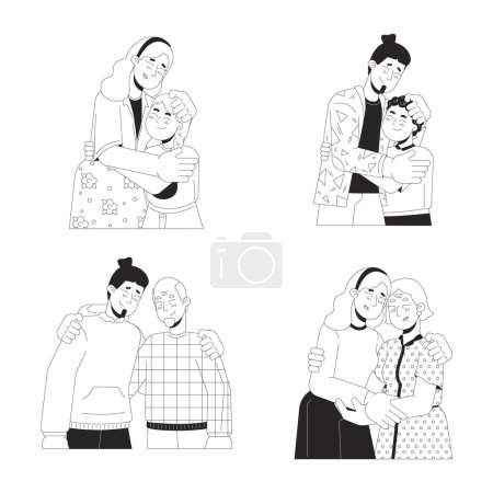 Ilustración de Abrazo de la familia en blanco y negro 2D línea personajes de dibujos animados conjunto. Abrazando parientes caucásicos europeos aislados vectores delinear personas. Abrazando madre padre monocromático plano punto ilustraciones colección - Imagen libre de derechos