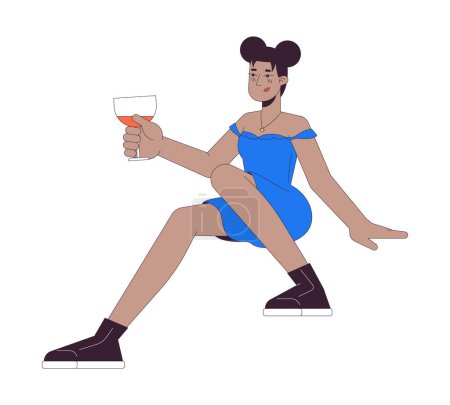 African-american happy woman wineglass 2D linear cartoon character. Wine glass holding black female isolated line vector person white background. Cocktail drinking color flat spot illustration