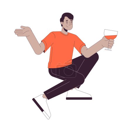 Indien buvant un cocktail personnage de dessin animé linéaire 2D. Sud asiatique gars tenant verre de vin ligne isolée vecteur personne fond blanc. Santé jeune adulte mâle couleur plat spot illustration