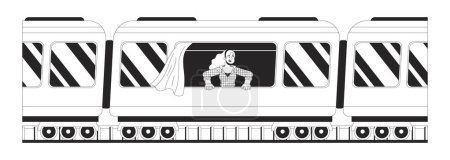 Caucasian female commute passenger train black and white 2D line cartoon character. European woman riding wagon isolated vector outline person. Travel destination monochromatic flat spot illustration