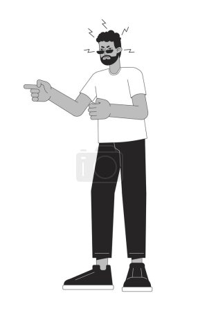 Black man shouting black and white 2D line cartoon character. Bad mood adult male isolated vector outline person. Gesture body language, emotional expression monochromatic flat spot illustration