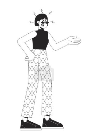 Asian woman complaining black and white 2D line cartoon character. Bad mood adult isolated vector outline person. Gesture body language, emotional expression monochromatic flat spot illustration