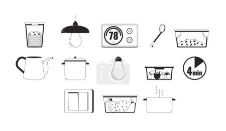 Conserving energy at household black and white 2D line cartoon objects set. Containers, appliances isolated vector outline items collection. Saving on bills monochromatic flat spot illustrations