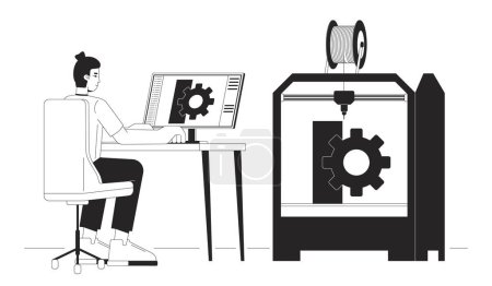 3D printing in mechanical engineering black and white cartoon flat illustration. 3d printer technician at computer 2D lineart character isolated. Rapid prototype monochrome scene vector outline image