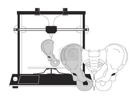 3D printing pelvis model black and white cartoon flat illustration. Female pelvic bones medical printer 2D lineart object isolated. Rapid prototyping prosthetic monochrome scene vector outline image